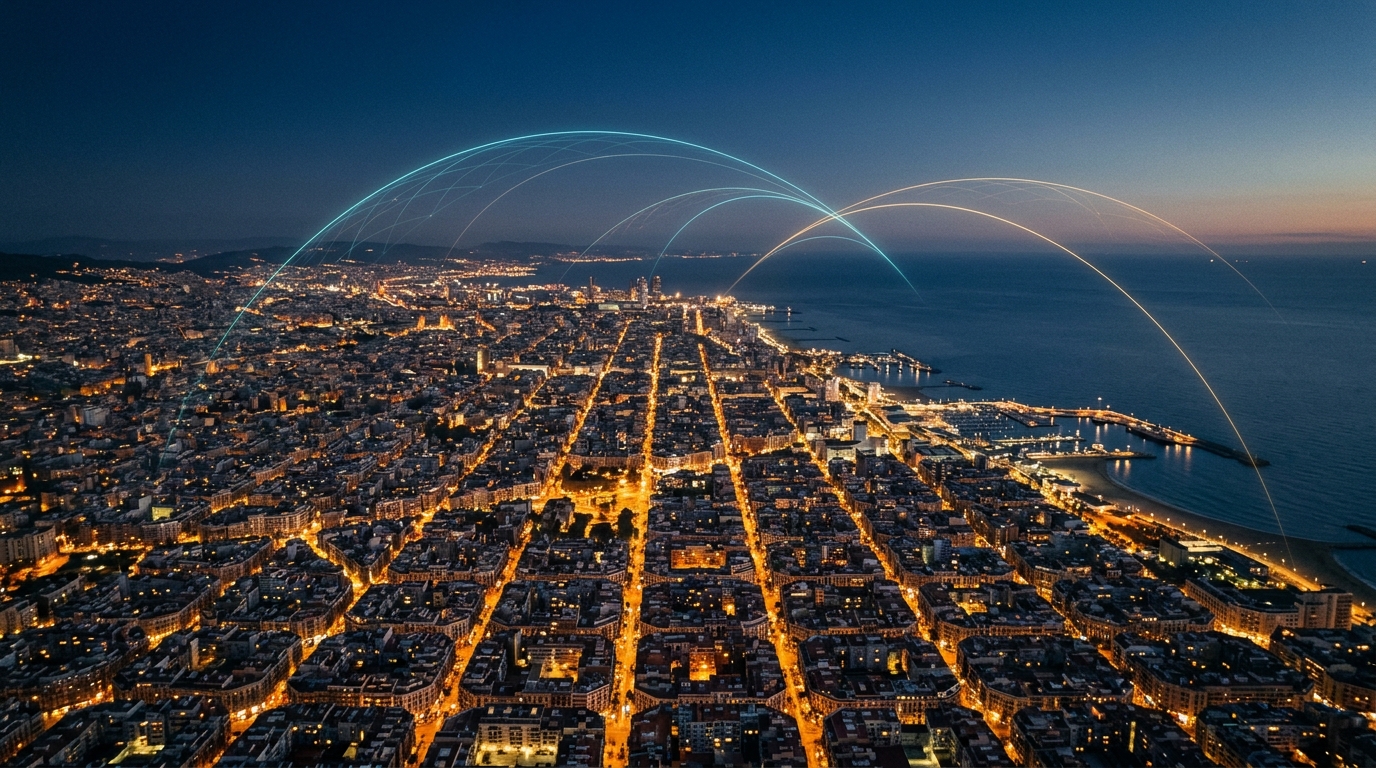 DreamTrip — Emotion-Aware AI Travel Discovery Platform — Barcelona geodesic route discovery illustration